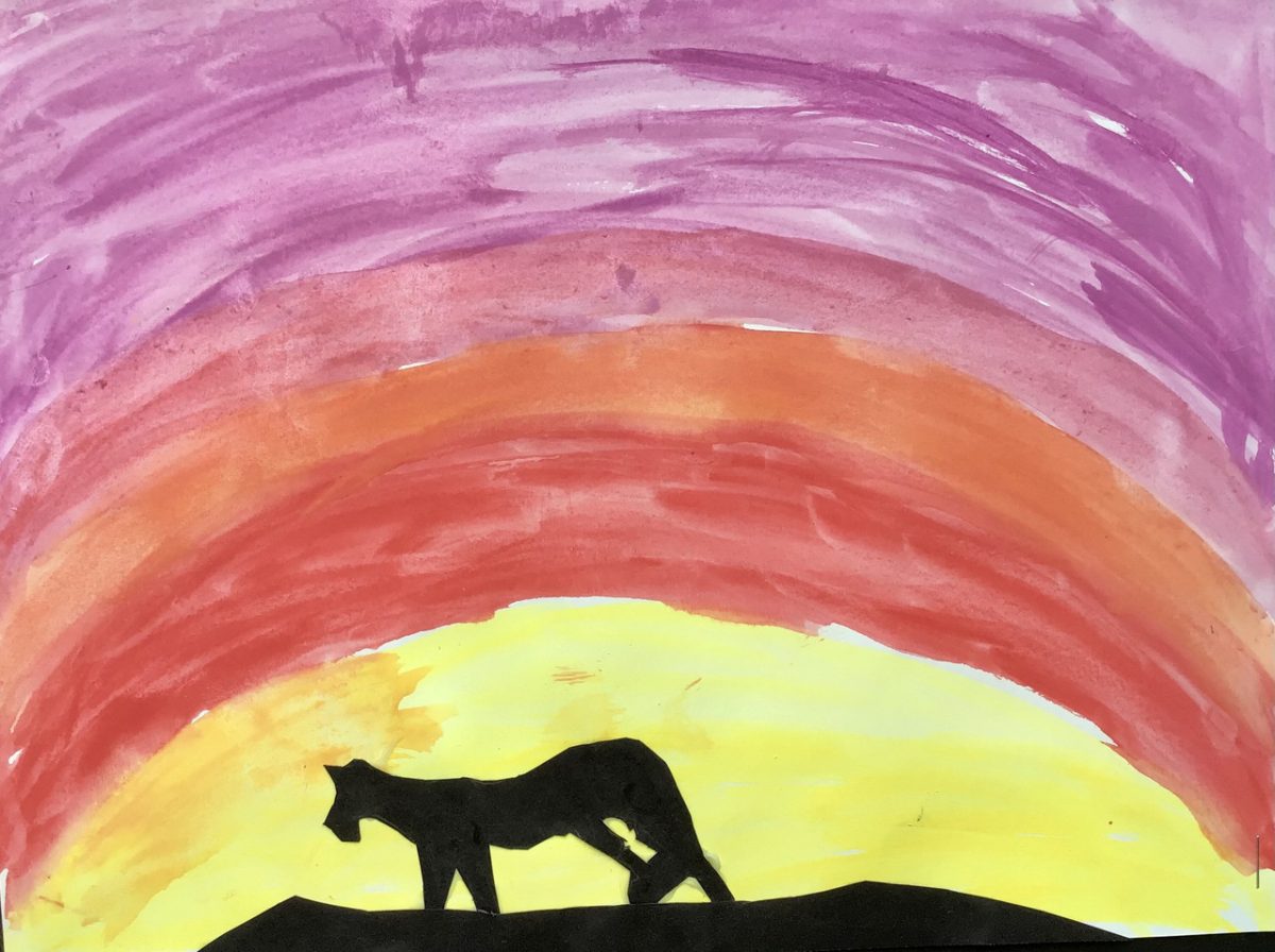 painting of a lion in the sunset