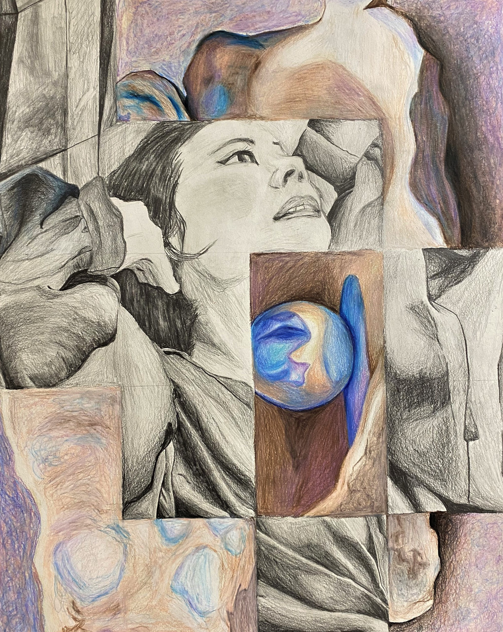 colored pencil drawing of a woman intermingled with other objects