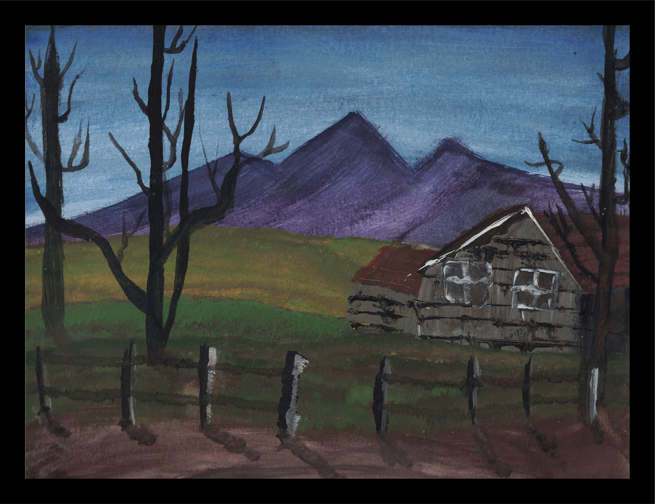 Water Color Painting of a Cabin by Mountains