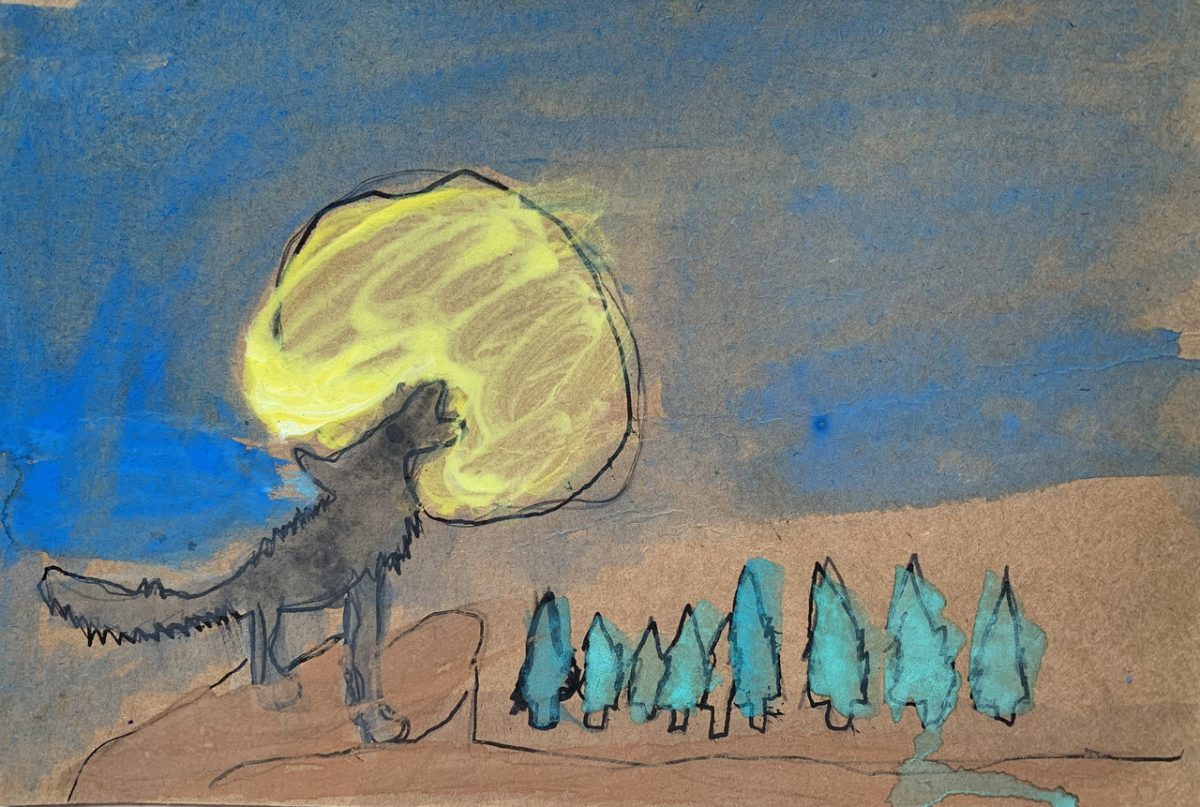 painting of a wolf howling at the moon