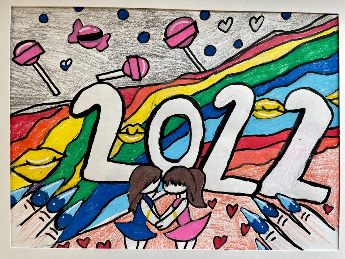 colorful drawing of the year 2022 with candy and painted nails