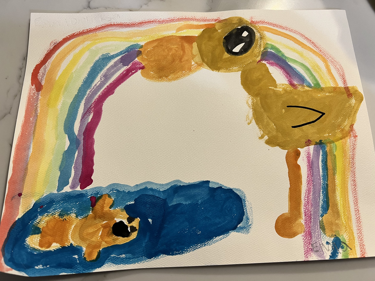 watercolor painting of a duck and a rainbow