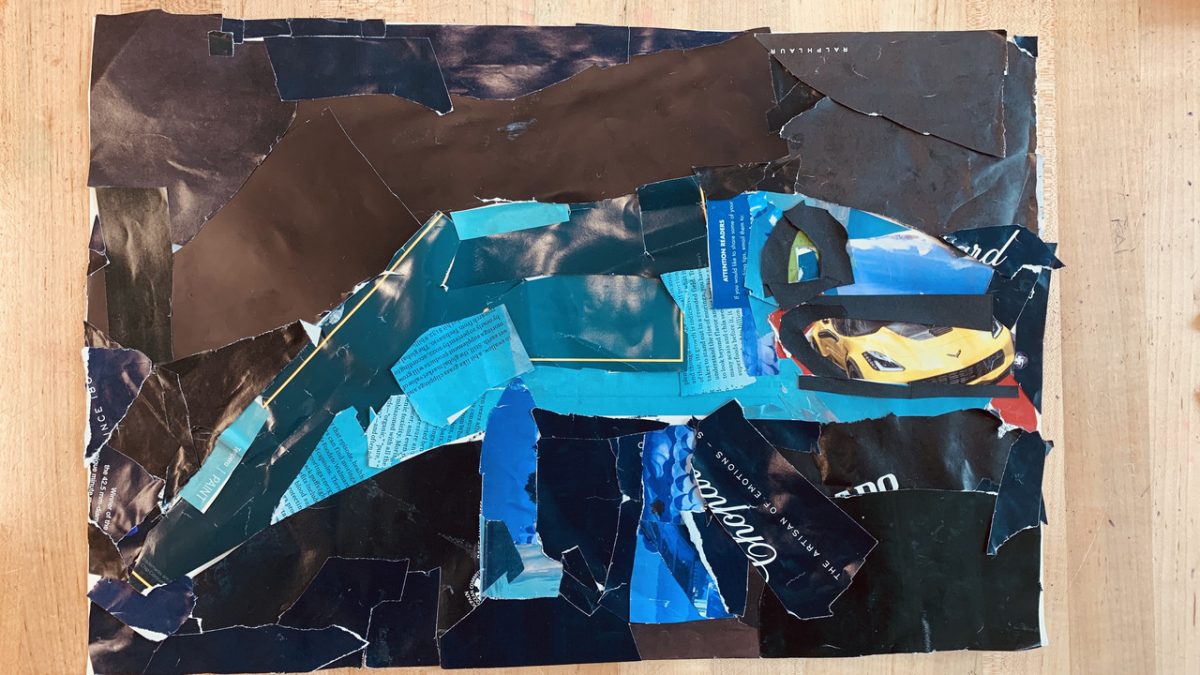 magazine collage of a blue lizard on a black background