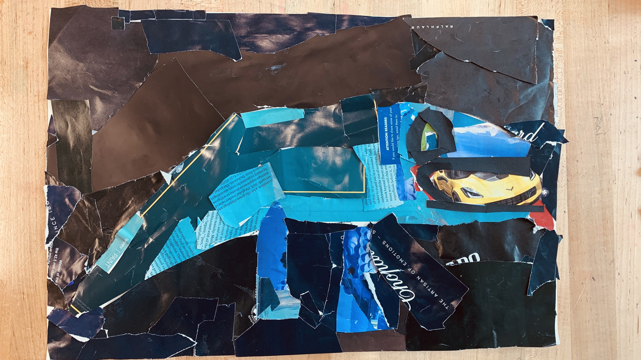 magazine collage of a blue lizard on a black background