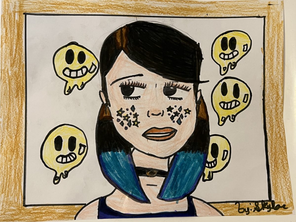 girl looks nervously behind her to see drippy smiley faces her hair is black and blue