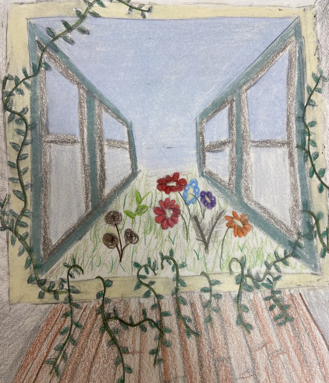 Drawing of an open window with flowers