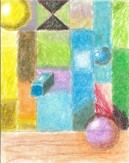 A drawing of colorful shapes and forms including purple and blue spheres and yellow rectangles.