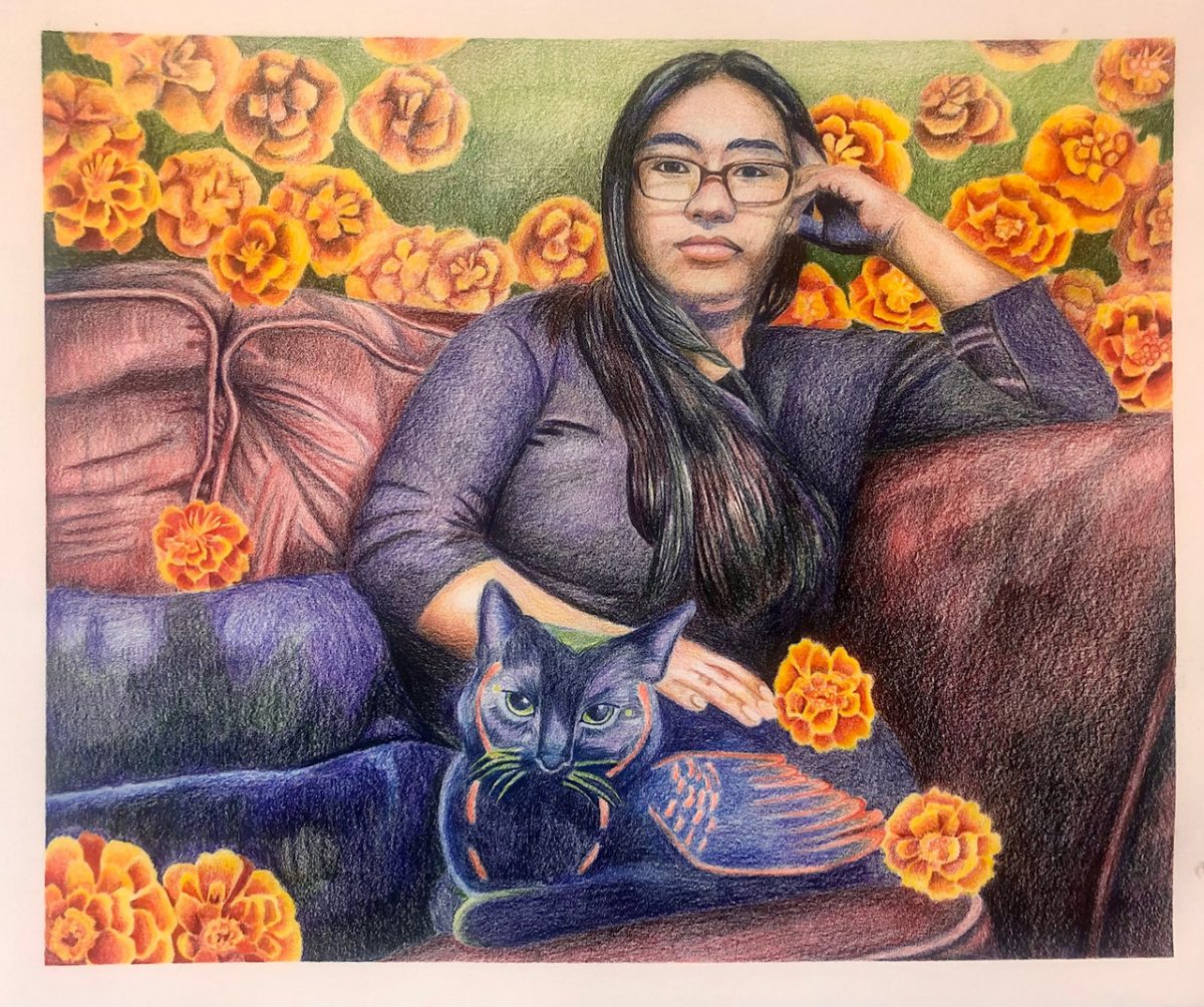 colored pencil drawing of a girl with a cat