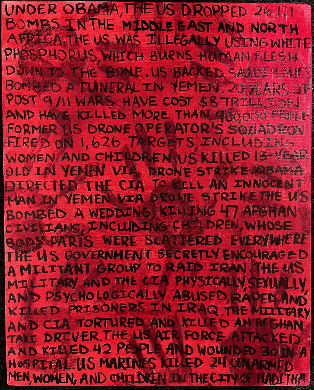 Red painting with words and handprints