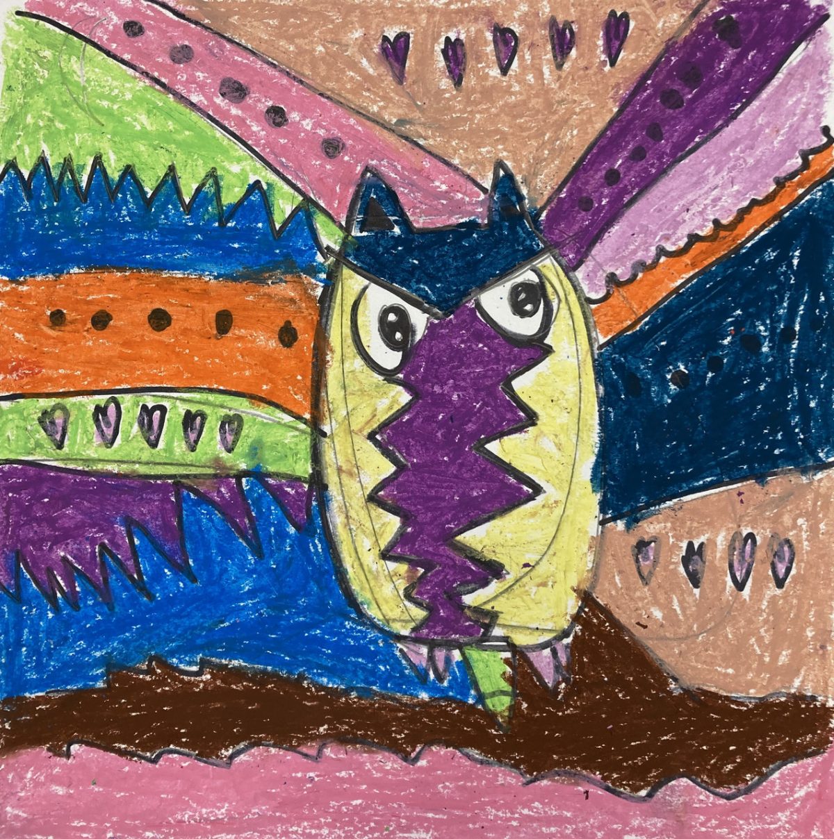 A drawing of an owl with a colorful background