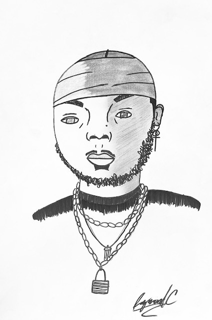Drawing of person with head wrap and necklaces. Person has a mustache & beard