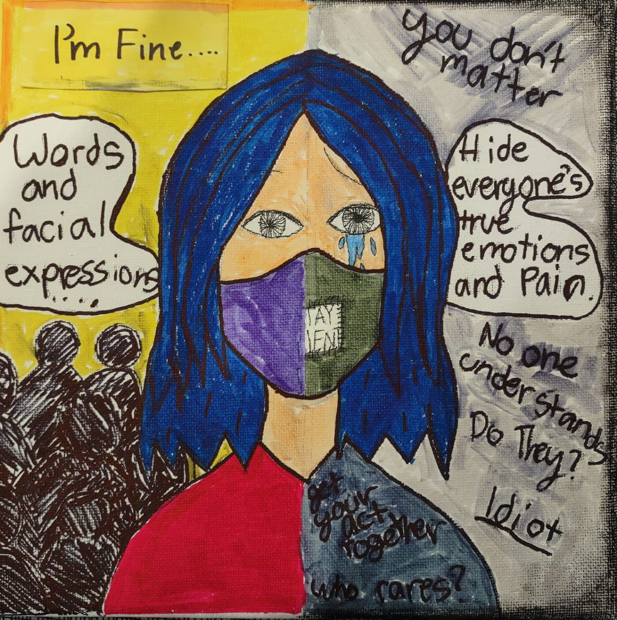 A drawing of a person with blue hair and a face mask with one half on a yellow background and the other half on a gray background