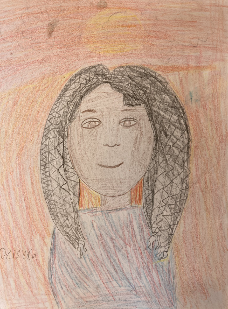 A drawing of a person with dark hair and a necklace on.