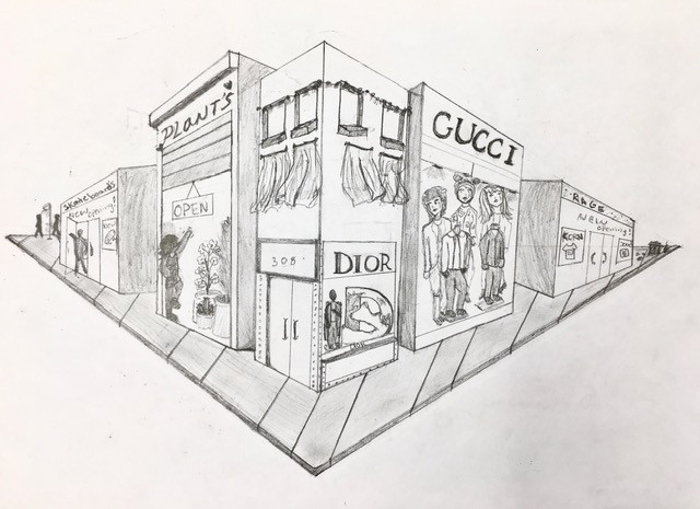 A drawing showing high end store fronts