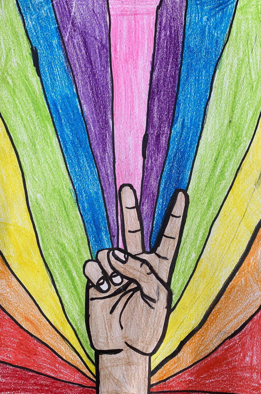 Hand Peace sign with rainbow background