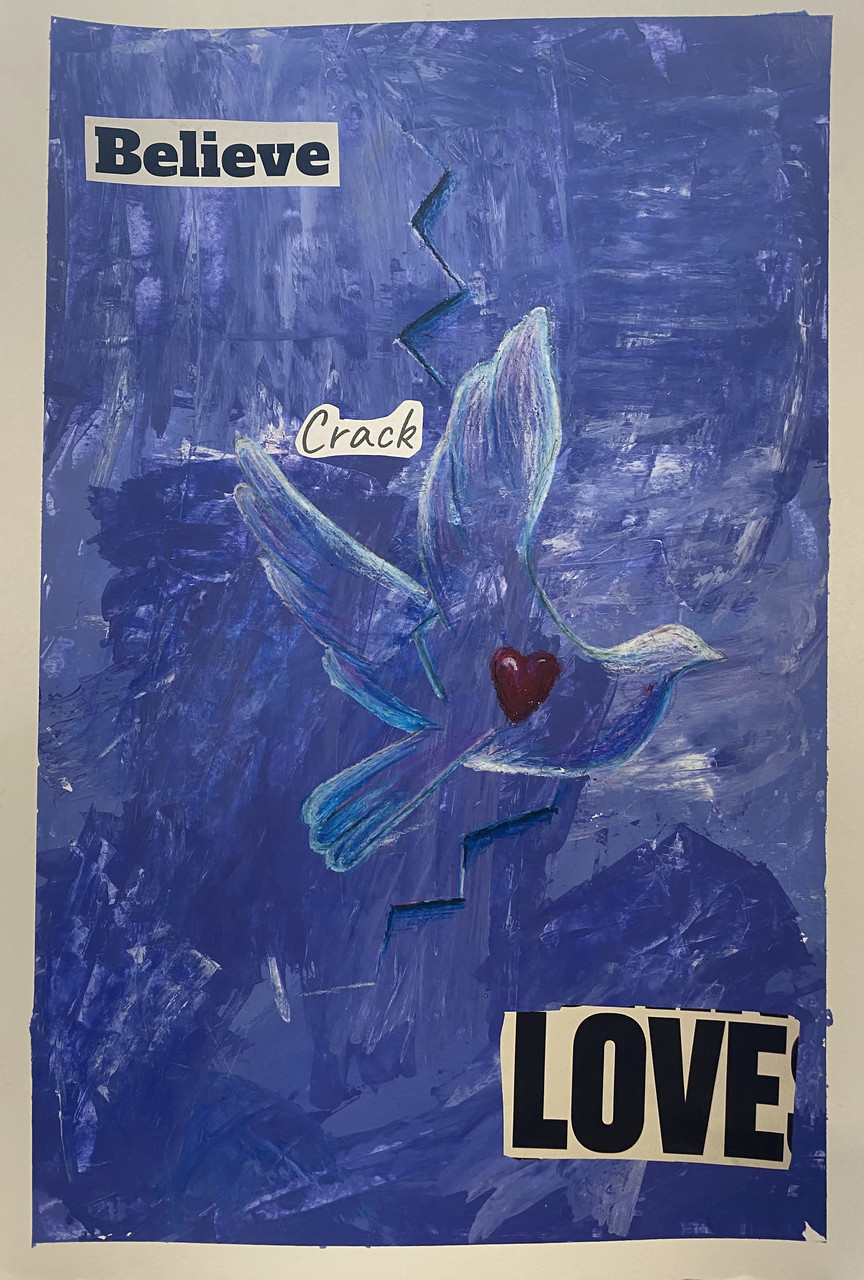 Mixed media purple flower with believe and love