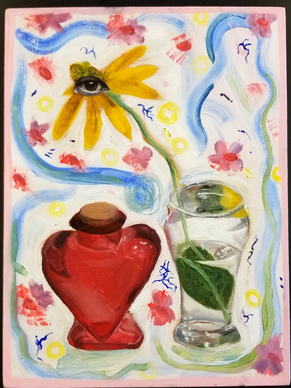 Oil painting - glass vase with flower with eye in the center