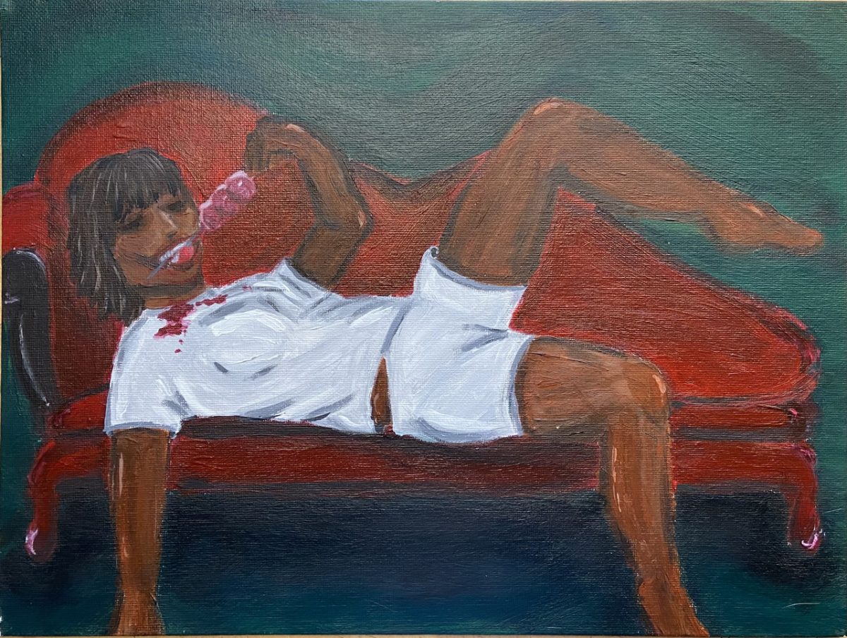 Painting of woman wearing all white lying on red couch. She eats raw meat off of a skewer.