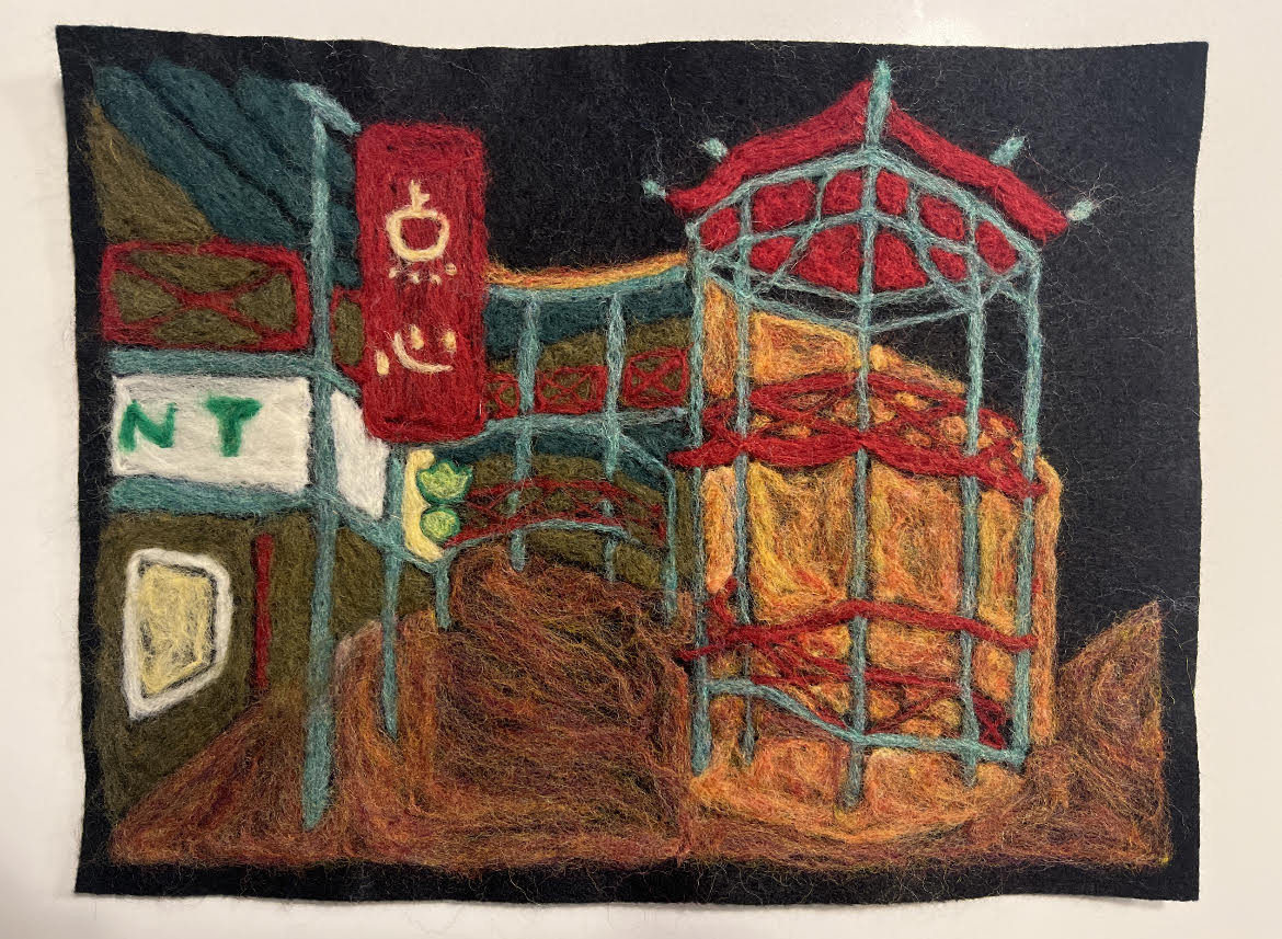 fiber art image of buildings in Chinatown, Chicago.