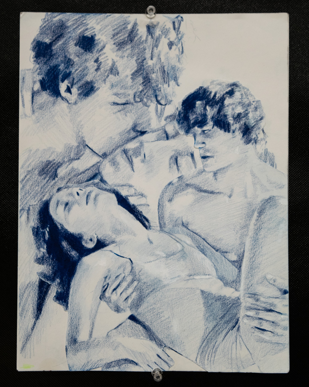 Drawing using blue pencil. In the upper right hand corner, a male figure kisses the cheek of a female figure. Laid over those figures, a shirtless male figure holds a female figure in a bikini whose head is tilted back.