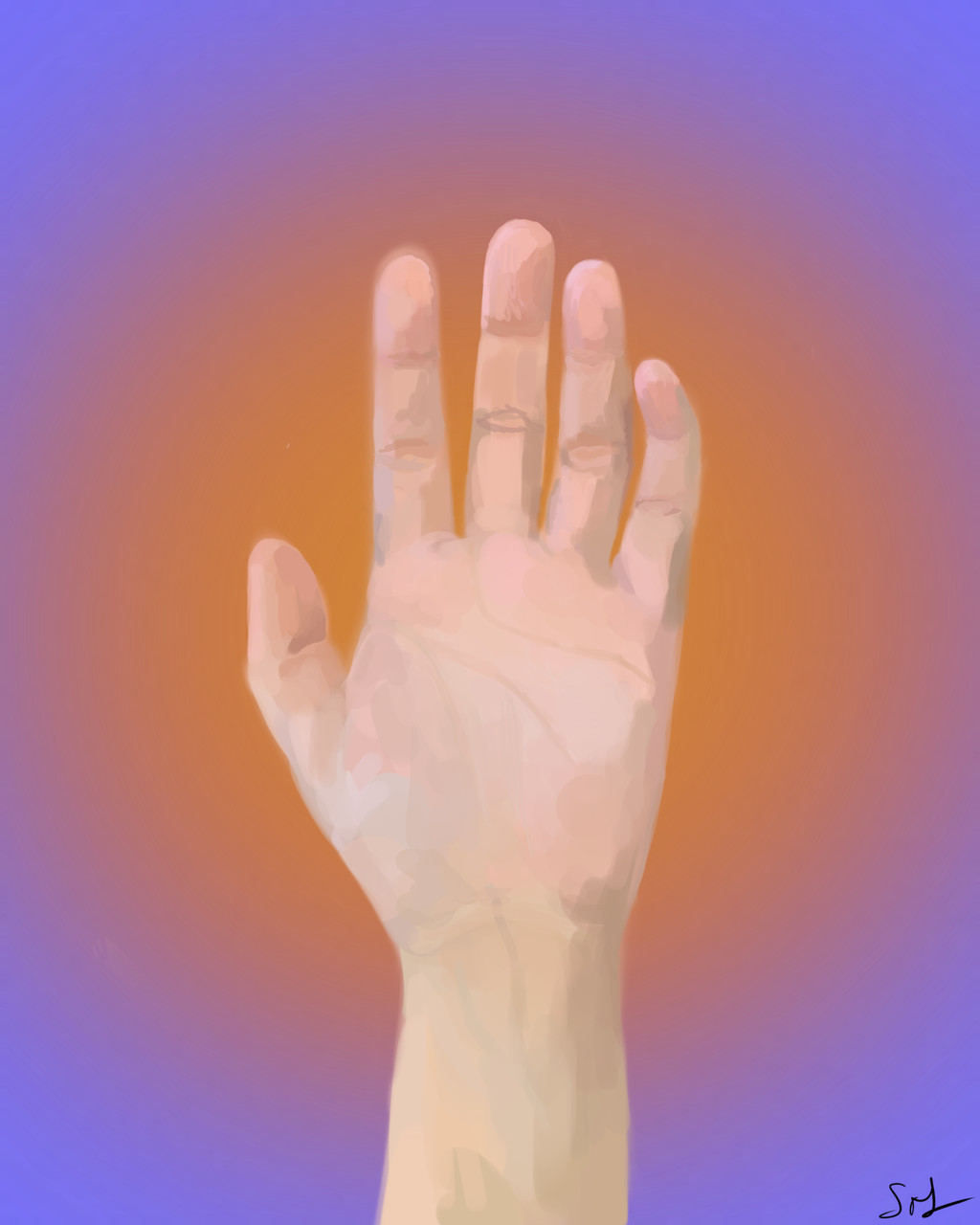 An Image of an illustrated hand with a purple and orange background.