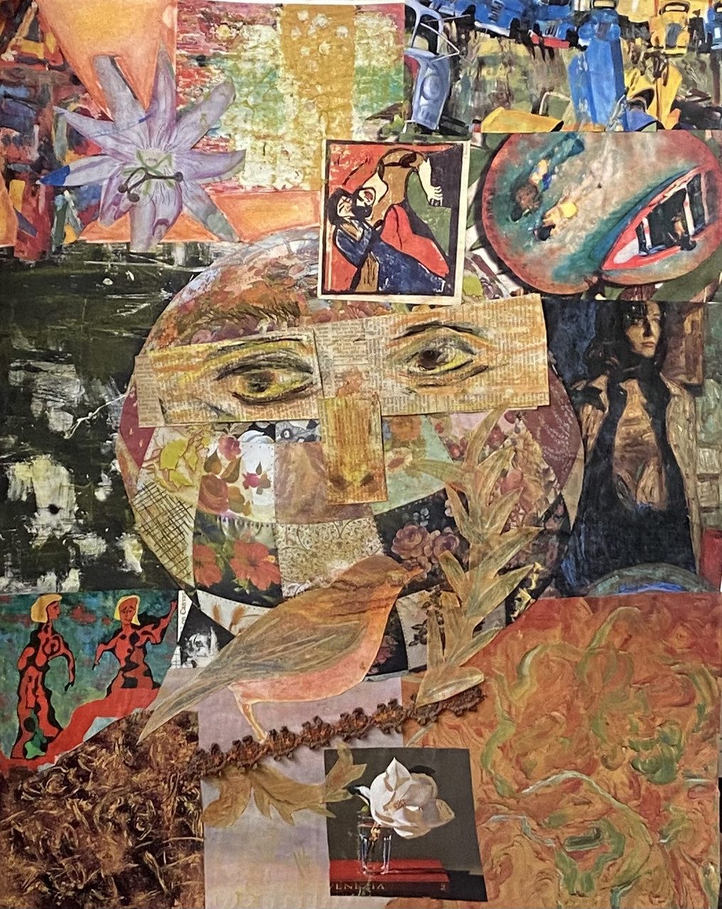 Collage with a variety of colors and textures including a face.