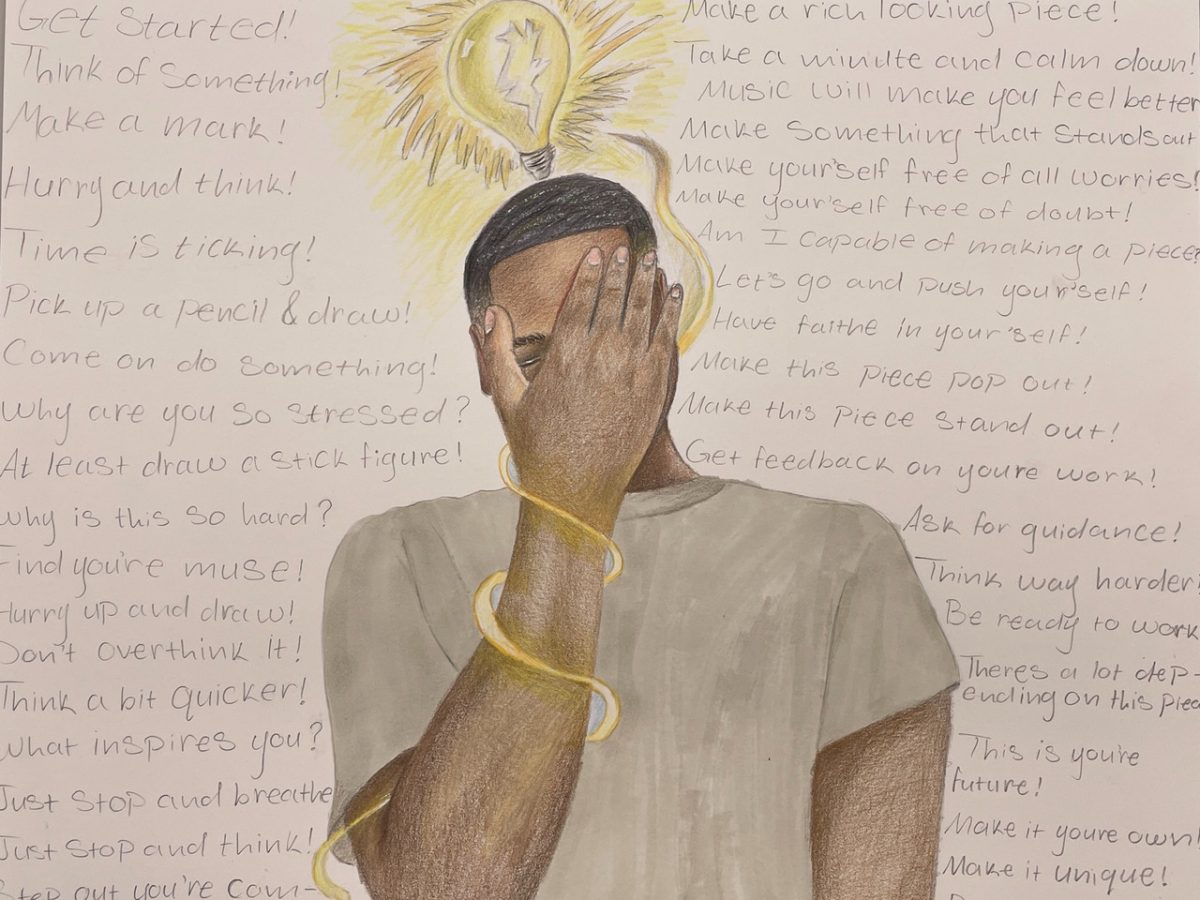 Self portrait with hand over face, a lightbulb above head, and text framing the drawing