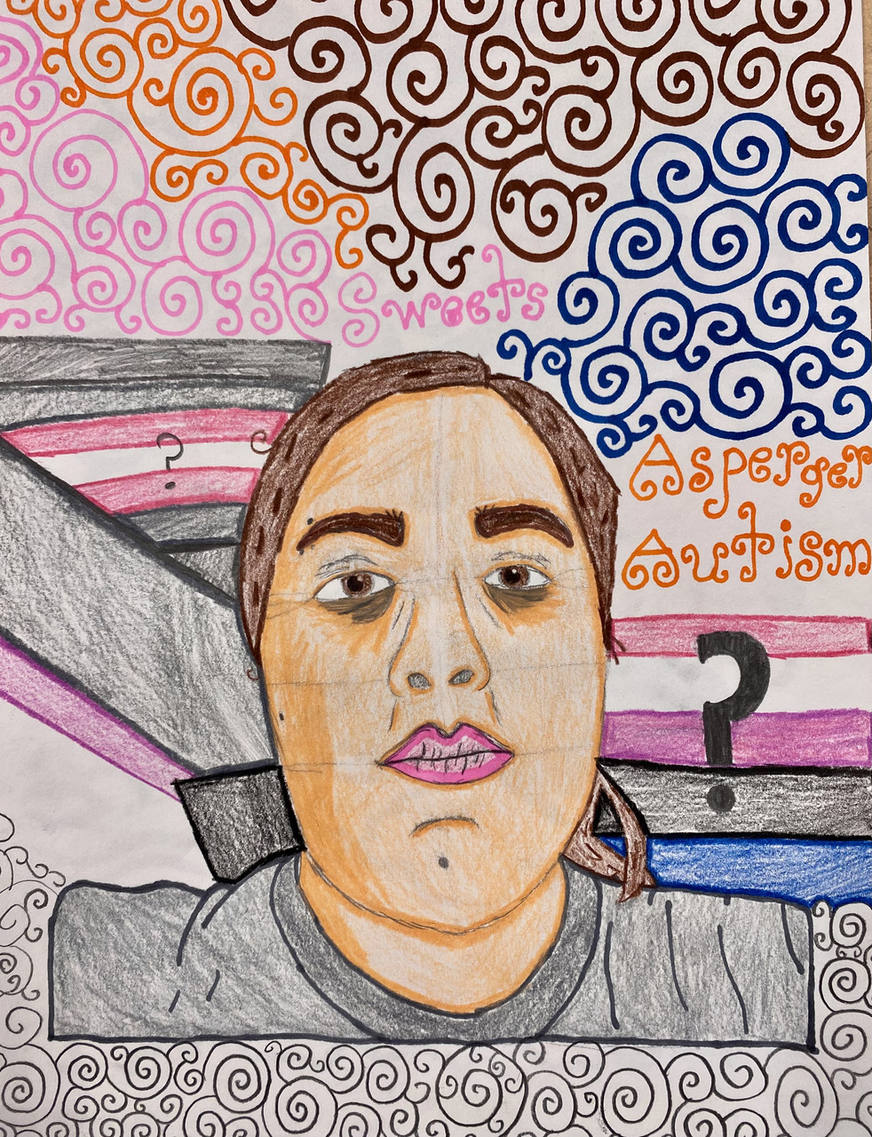 Drawing with person at center. Above them are many swirls and the word sweets. Various flags with symbols are on their right and left and the word autism and asberger are on their right.