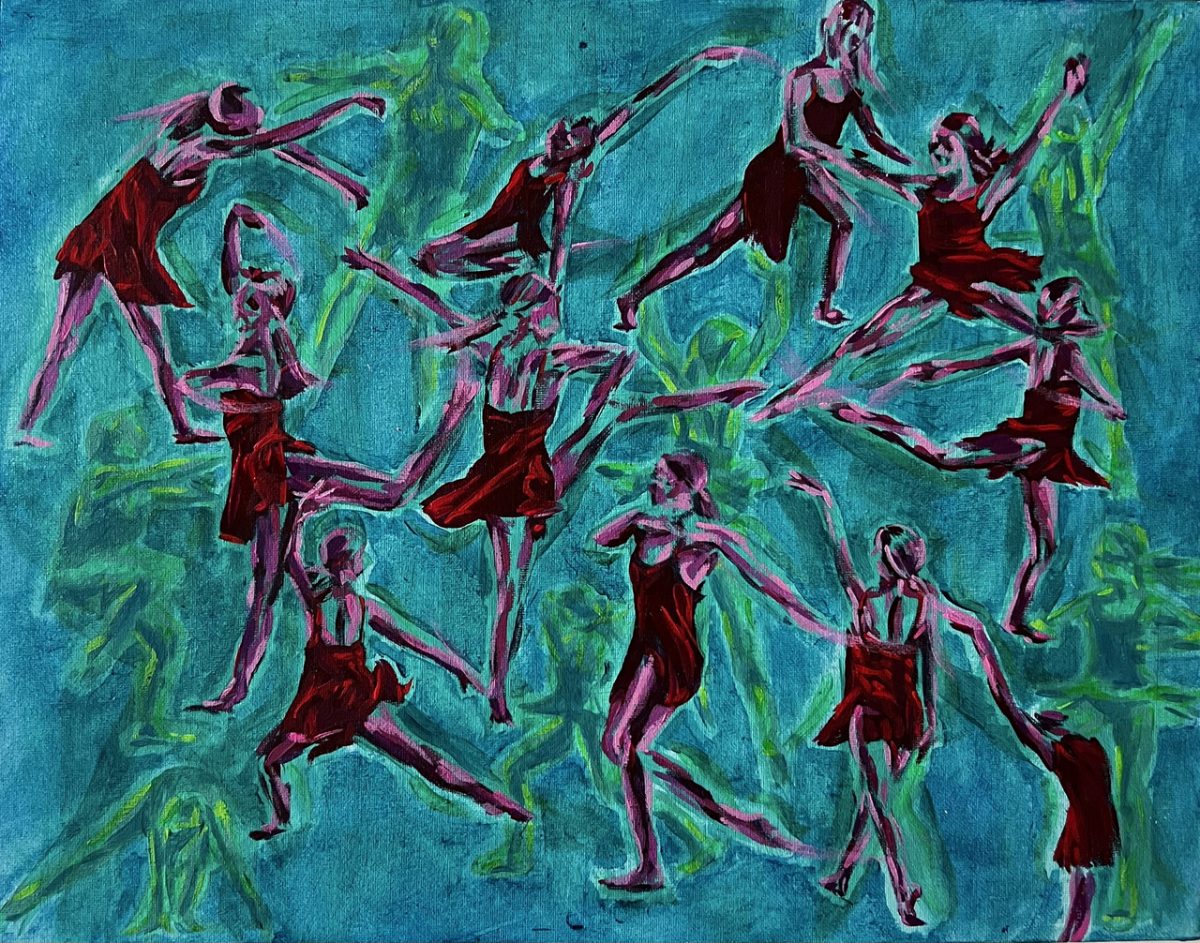Red and pink dancers are painted at various angles on a blue canvas with green dancers in the background.