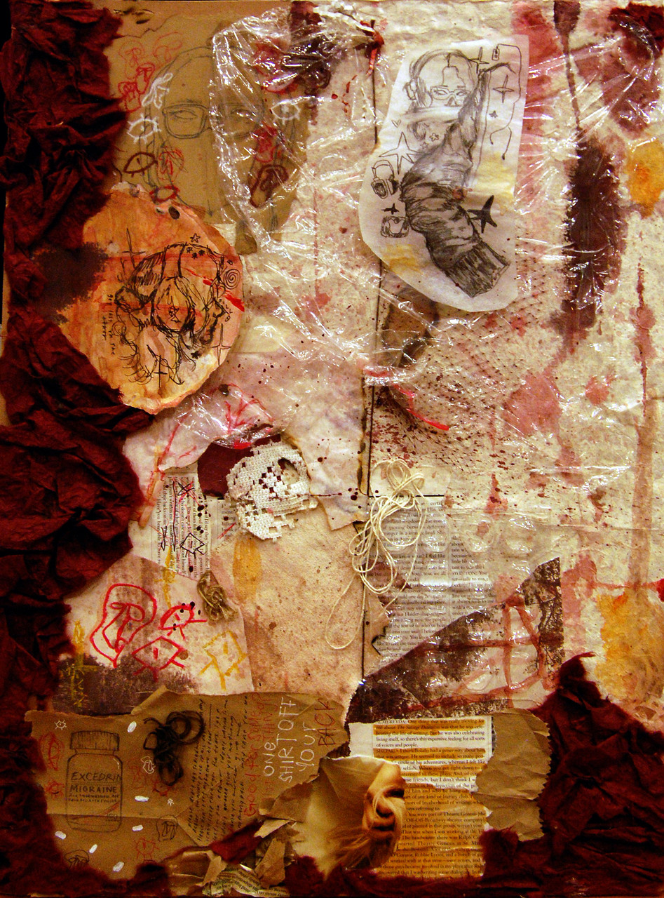 Collage of sketches, texts, and other various materials