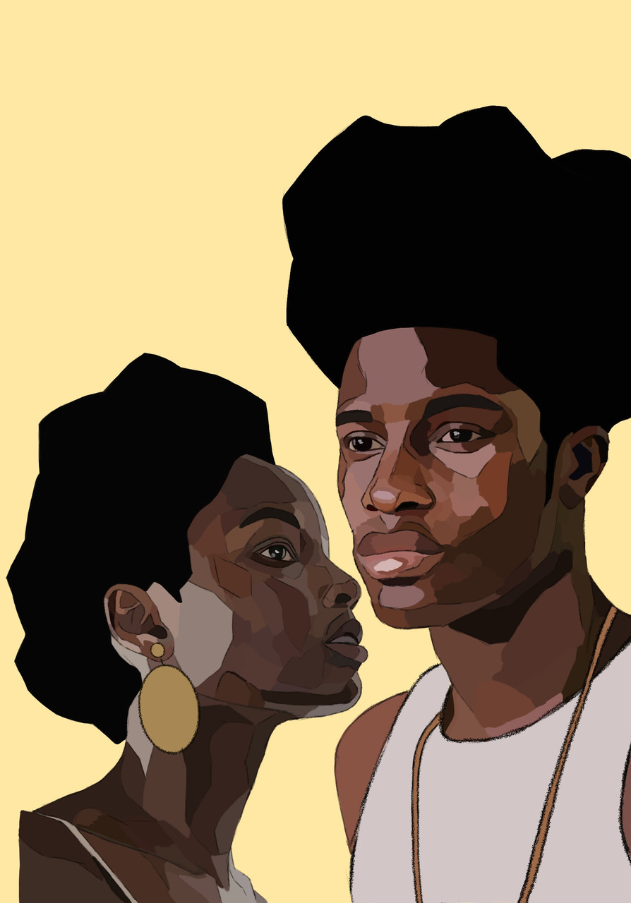 Graphic design image of two people with afro hairstyle