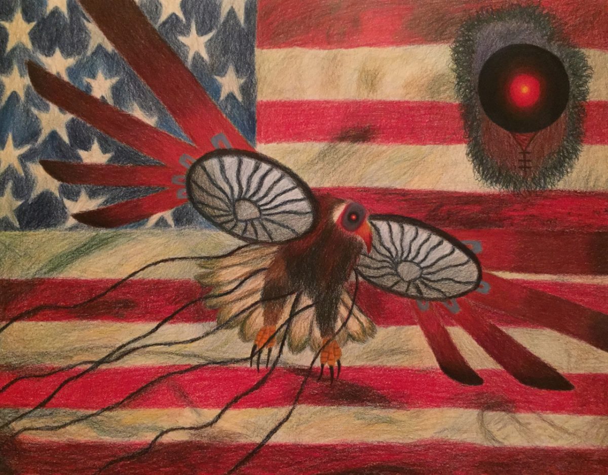 Art piece of American flag with a bird.
