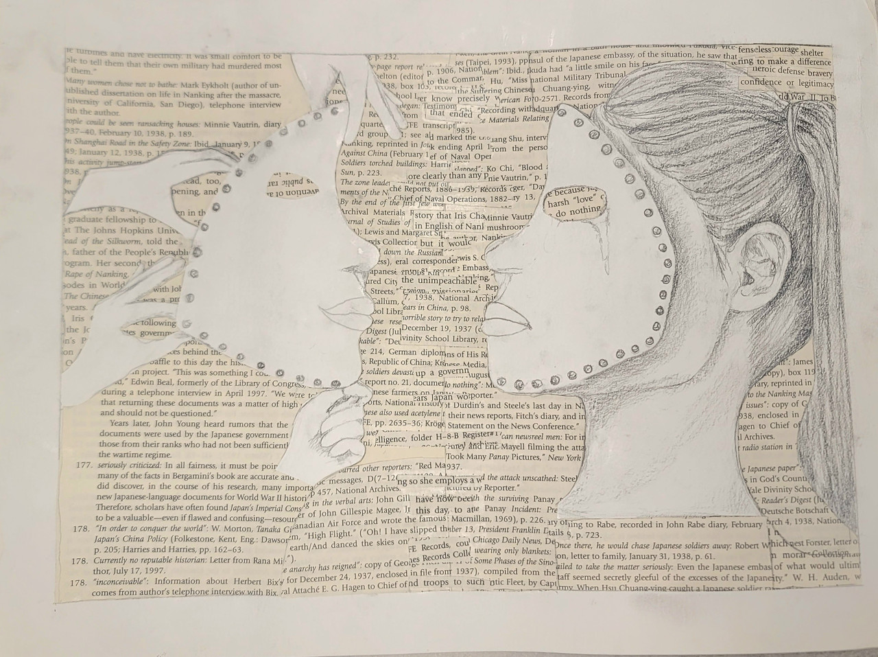 Art piece with a silhouette of a person and mask with text.