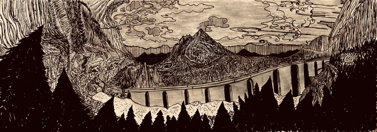 Drawing of landscape with trees and mountains.