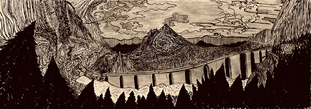 Drawing of landscape with trees and mountains.
