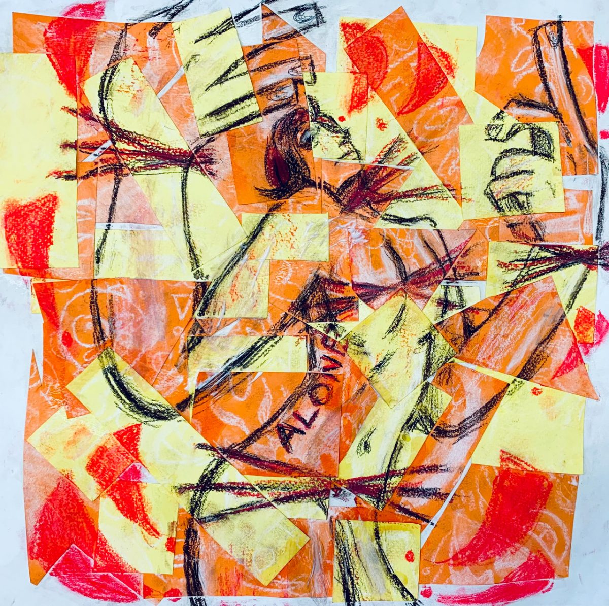 Drawing of a human figure atop of a collage of smaller sketches