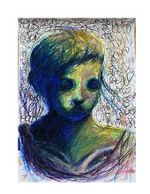 Black and green drawing of a young person