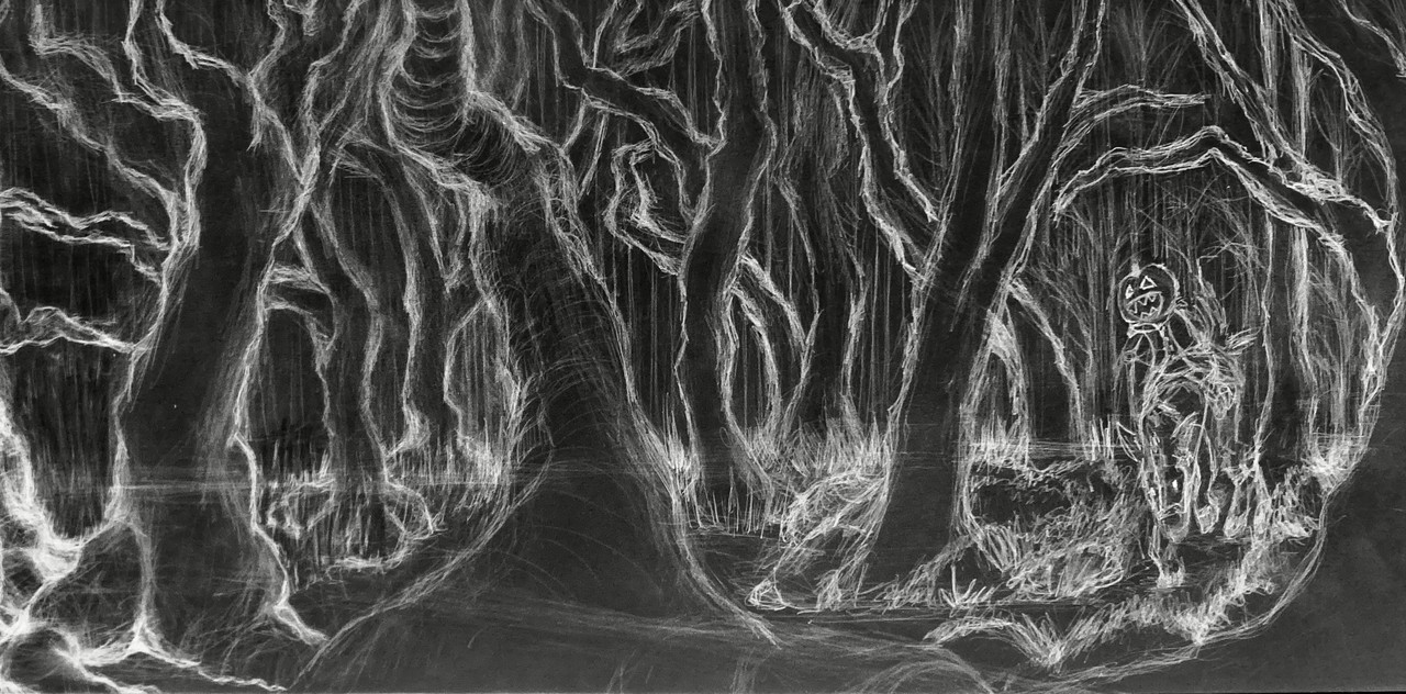 Black and white drawing of forest with many bare trees.