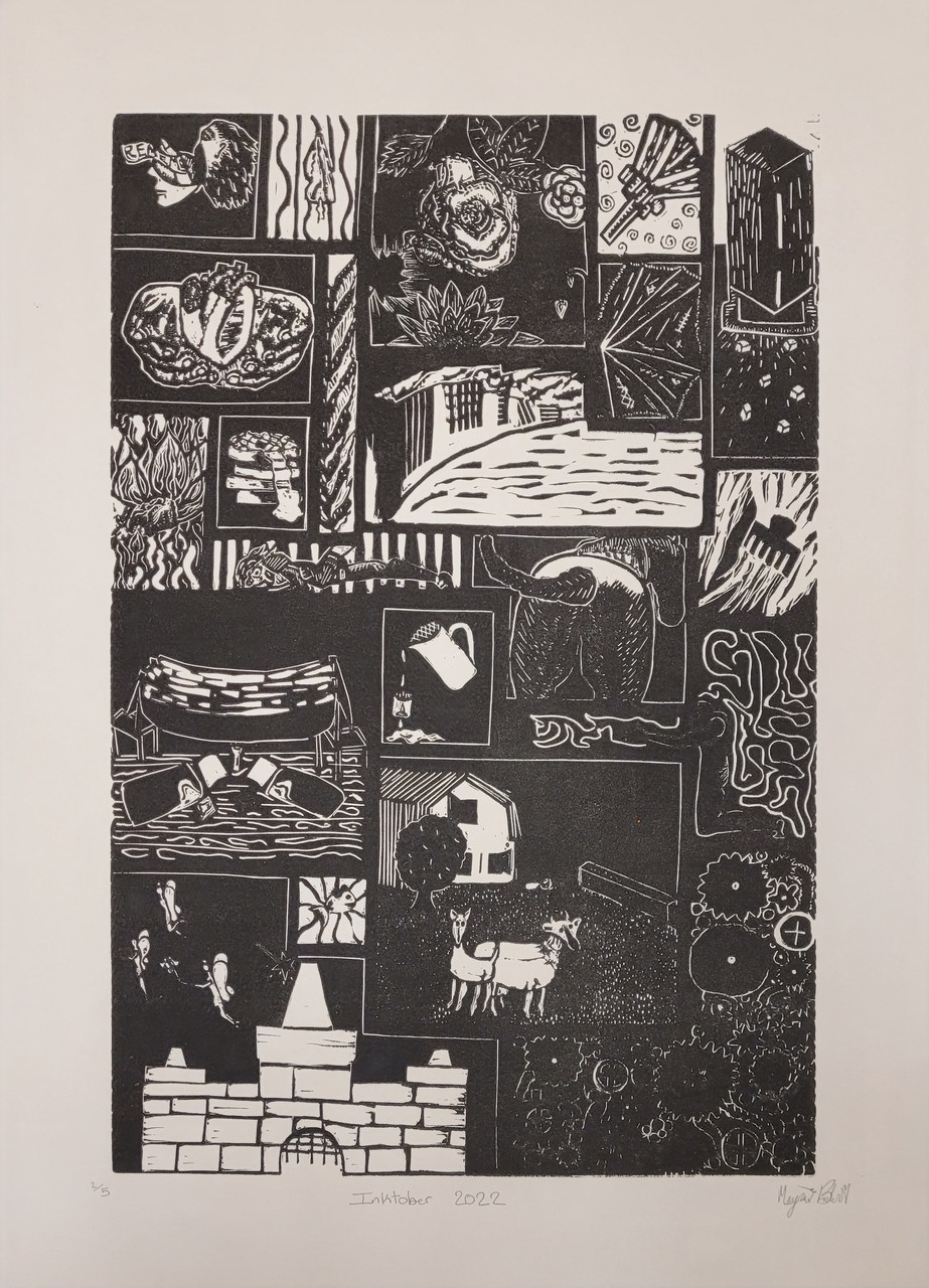 Many black and white ink drawings of various subjects overlay each other.