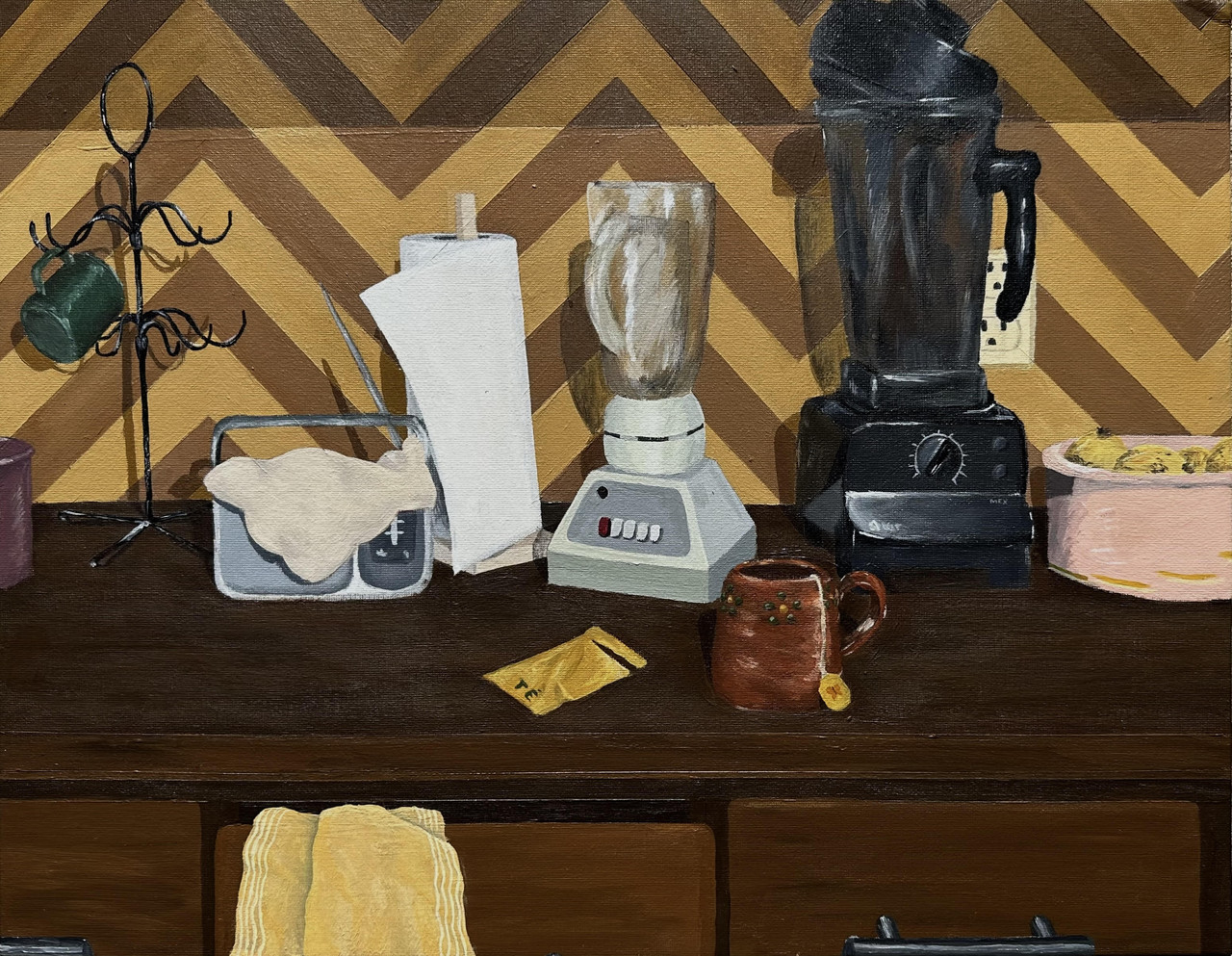Painting with multiple kitchen appliances on a counter against a patterned wall.