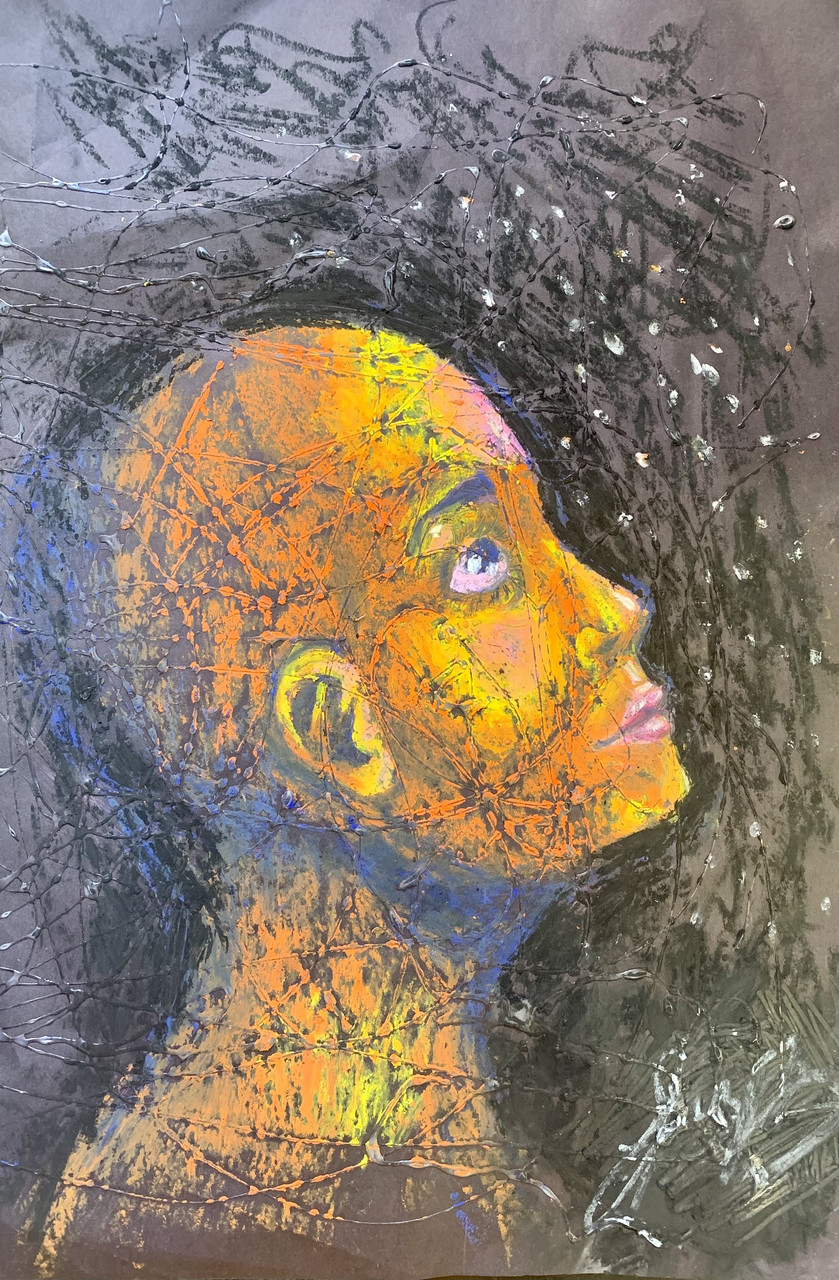 Drawing of a girl looking up at the stars.