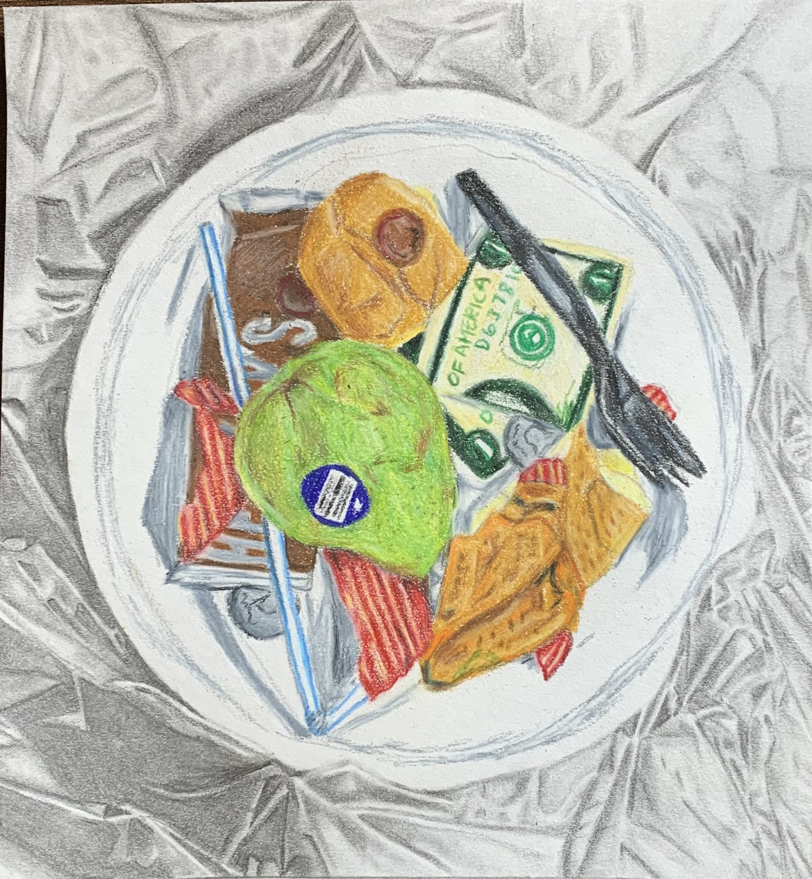 Drawing with multiple items on a plate.