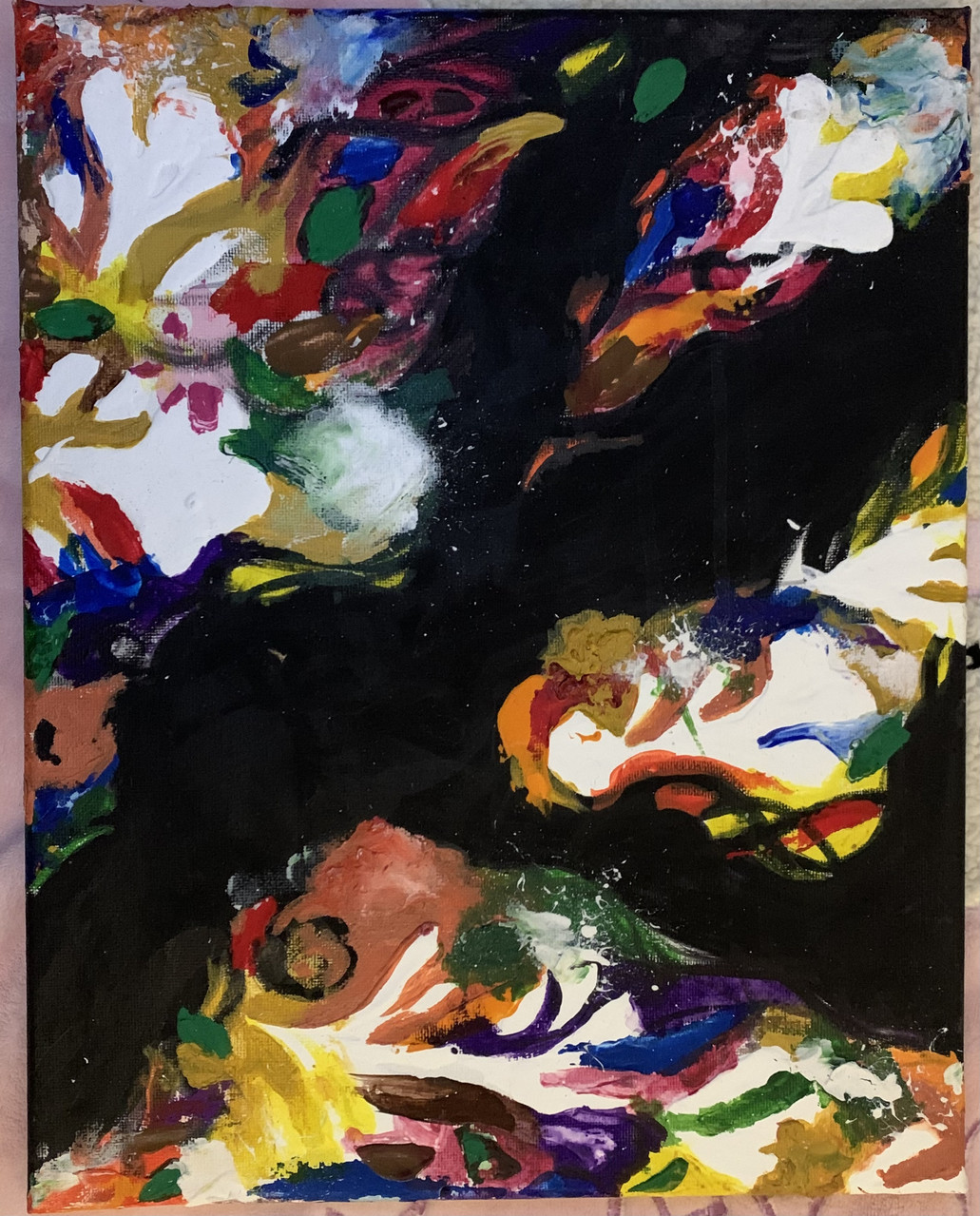 Abstract painting. Black lines border sections of white, yellow, blue, and other colors.