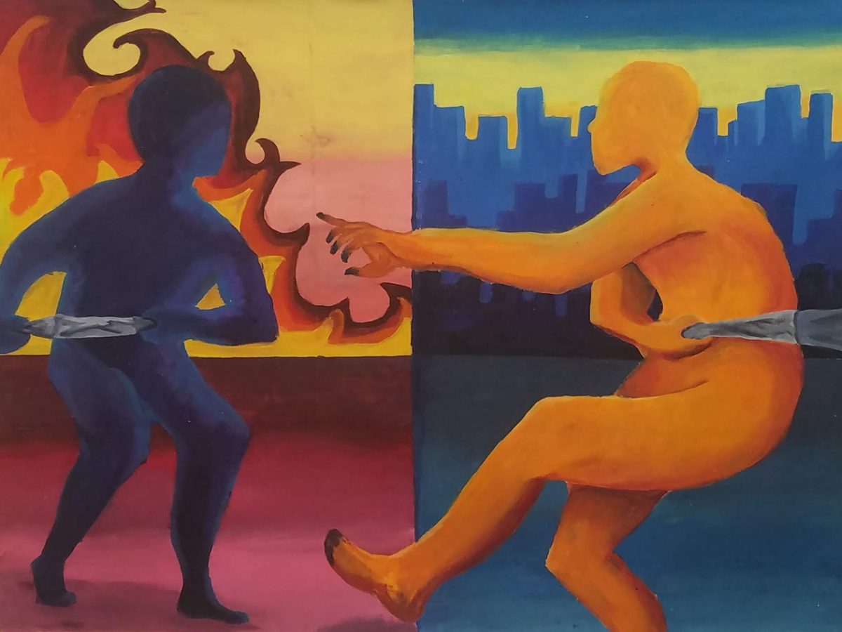 Vibrant painting with human figures and fire and city background.