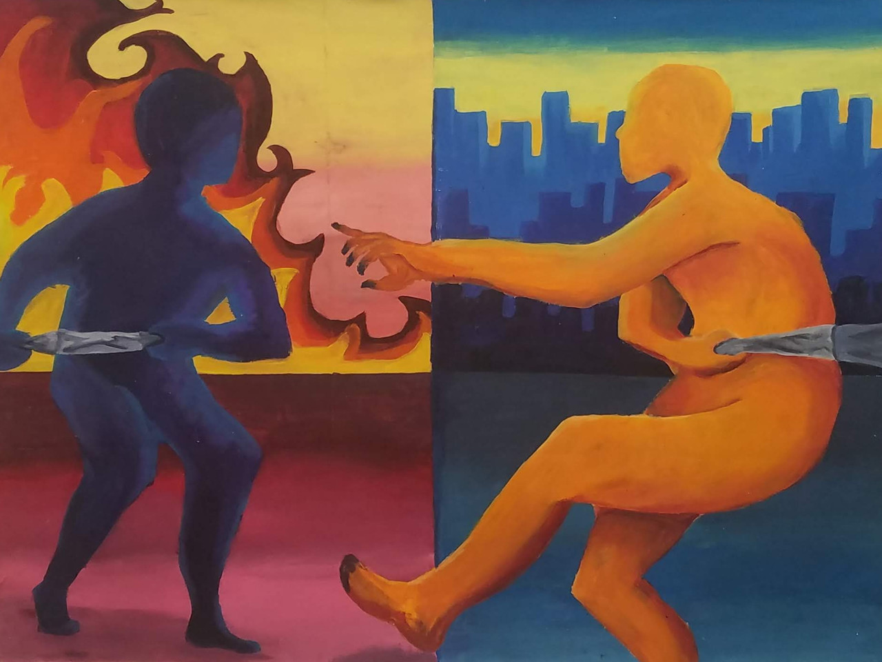 Vibrant painting with human figures and fire and city background.