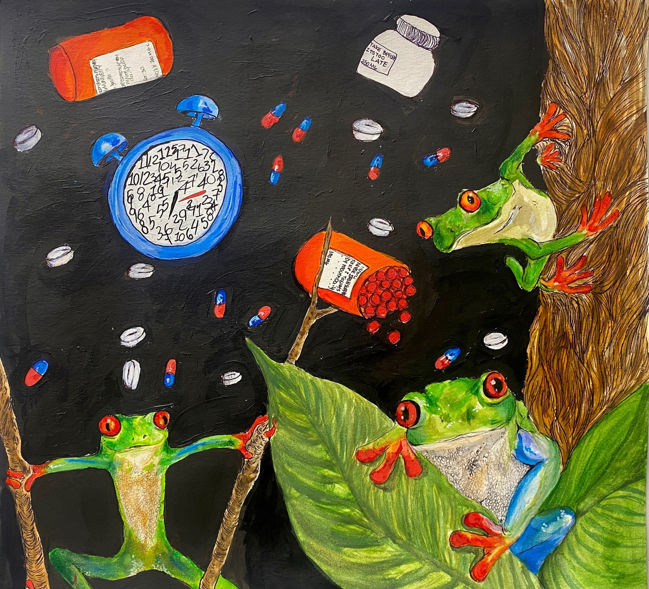 Three frogs depicted on trees and branches on the bottom and righthand side of the painting with pill bottles, pills and a clock floating in the black background space.
