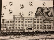 Faces and grey building.