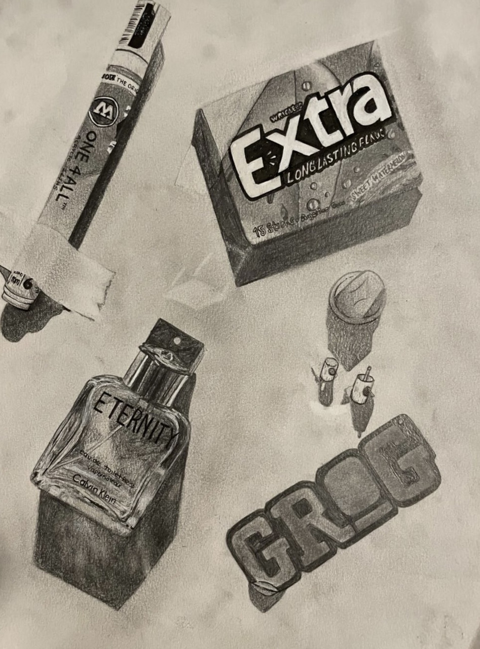 still life of gum, cologne, and other objects