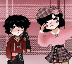 Two people with a pink background.