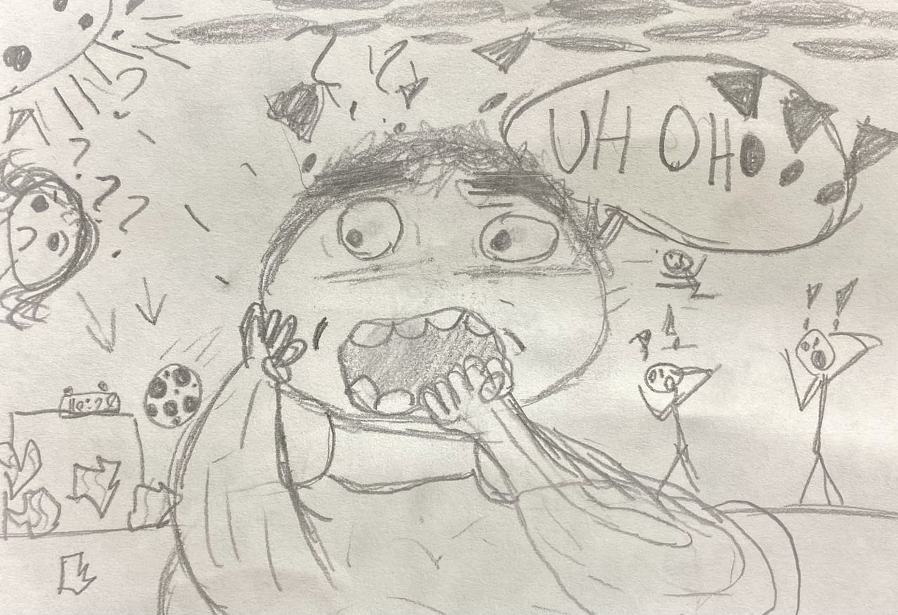 Drawing of a child saying "Uh Oh!!!" in an outdoor setting with other people and a soccer ball knocking over a vase